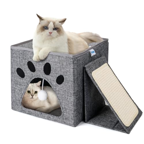 Nobleza Faltbare Katzenhöhle Katzenbett, 2 Schicht Katzen Würfel, Katzenhaus Indoor mit Abnehmbarem Kratzbrett und Plüschball, Katzenbett für Kleine und Mittelgroße Katzen, 35 x 30 x 30 cm, Grau von Nobleza