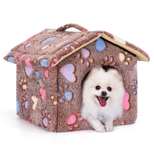 Nobleza Hundehütte für Hunde Katzen, Winterfest Hundehaus 48x45x39cm M, Tragbare Haustier Hundehöhle, Abnehmbar Katzenhaus, Waschbar Schlafplatz, Hundebett mit Abnehmbarem Matratze, Braun von Nobleza