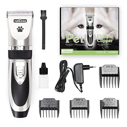 Nobleza Hundeschermaschine Schermaschine für Hund Katze Leise Profi Tierhaarschneidemaschine Schnurlosen Hundetrimmer Elektrische Wiederaufladbare Haarschneider Dog Clippers, Silver von Nobleza