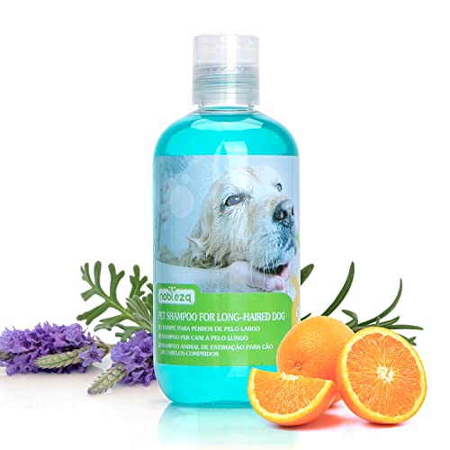 Nobleza Hundeshampoo Langhaar mit Camellia Sinernsis Extrakt für Glanz & Kämmbarkeit, Hundeshampoo Sensitiv gegen Juckreiz und Geruch, Phthalat Frei, Parabens Frei Lavendel Zitrusduft 250 ml von Nobleza