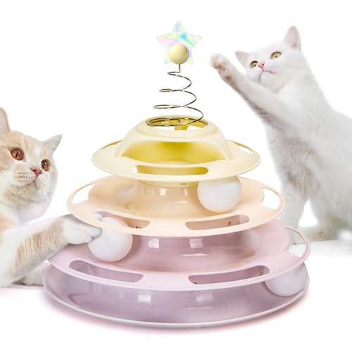 Nobleza - Interaktives Katzenspielzeug, 4-Stufiger Drehteller für Katzenspielzeug, Bälle mit 3 Bällen, Buntes Sternendesign Oben, Drinnen Katzenspielzeug Spielzeug, 25×25×25.5cm, Rosa von Nobleza
