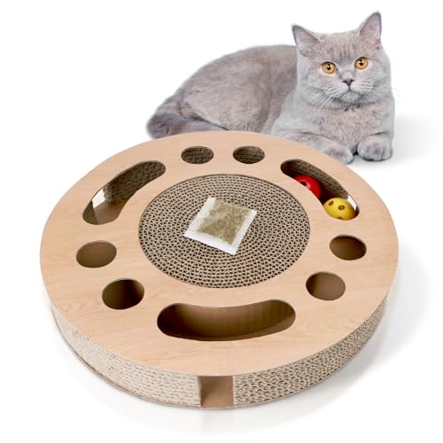 Nobleza Katzen kratzbrett mit Minze，Katzenspielzeug Interaktives mit 2 Klingelballs，3 in 1 Wellpappe Kratzmatte Katze von Nobleza