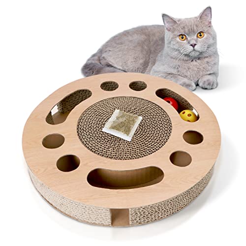 Nobleza Katzen kratzbrett mit Minze，Katzenspielzeug Interaktives mit 2 Klingelballs，3 in 1 Wellpappe Kratzmatte Katze von Nobleza