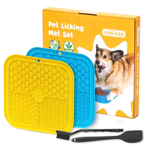 Nobleza Leckmatte Hund, 2 Stück, Schleckmatte Hund mit Silikon Spatel und Bürste, Slow Feeder Hunde Leckmatte für Hund Baden, Lick Mat für Katze Welpen, Gelb und Blau von Nobleza