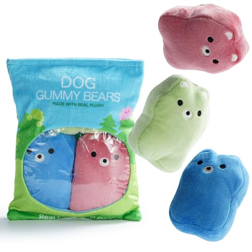 Nocciola Gummy Bear Hundespielzeug mit Tasche, quietschendes Hundespielzeug-Set, niedliches Plüsch-Kauspielzeug, für kleine bis mittelgroße Hunde von Nocciola
