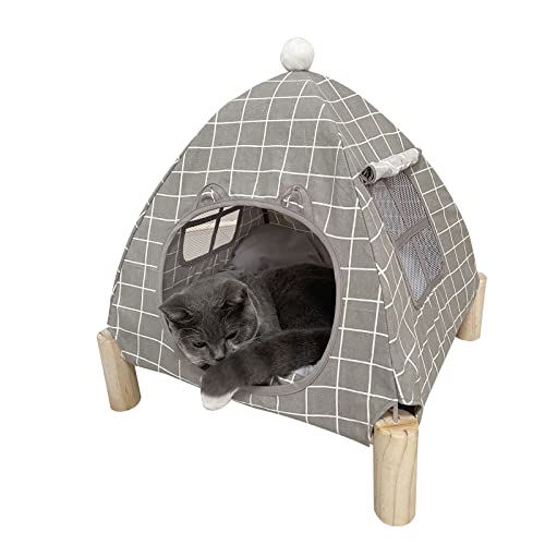 Nockovi 2-in-1 Katzenzelt Holzrahmen Katzenbett Katzenhängematte Schnelle Montage und Demontage Tragbares Indoor/Outdoor Haustierzelt Haus für Katzen, Welpen und andere Kleintiere-Grauer Chevron von Nockovi