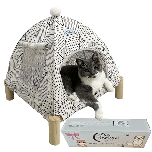 Nockovi 2-in-1 Katzenzelt Holzrahmen Katzenbett Katzenhängematte Schnelle Montage und Demontage Tragbares Indoor/Outdoor Haustierzelt Haus für Katzen, Welpen und andere Kleintiere-Weißes Rautenmuster von Nockovi