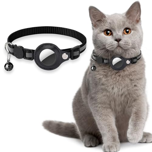 Halsband Katze Schwarz, Katzenhalsband Reflektierend mit Glöckchen, Katzen GPS Tracker Sicherheitsschnalle und Gummiband für Kleine Hunde und Kätzchen, Zum Auffinden Ihres Haustiers (Ohne GPS) von Nodcows