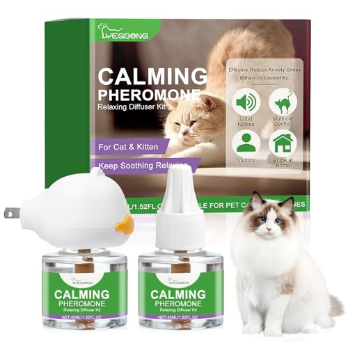 Nodfens Beruhigender Diffusor für Katzen, Pheromon-Diffusor zur Beruhigung von Pheromon, beruhigender Diffusor für Katzen, zum Einstecken + 1 Packung 45 ml Probepackung, zur Linderung von Angst bei von Nodfens