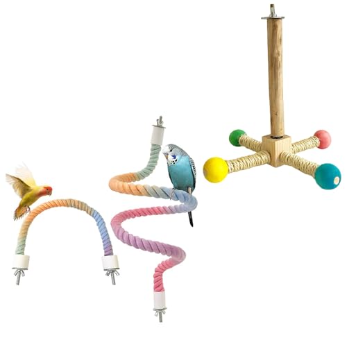 Buntes Vogelsitz-Set mit drehbarem Holzständer für kleine, mittelgroße Vögel, drehbare Sitzstange, biegbare Seilstangen, Käfigzubehör für Sittiche, Sittiche, Sittiche, Nymphensittiche, einfache von Nopikku