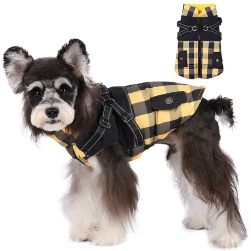 Norbi Hund Wintermantel mit Geschirr, Warmer Hundemantel Reflektierend Verstellbare Träger Hundemantel Wasserdicht, Britischer Stil Plaid Hundejacke Weste für Kleine Mittlere Hunde (Klein, Gelb) von Norbi