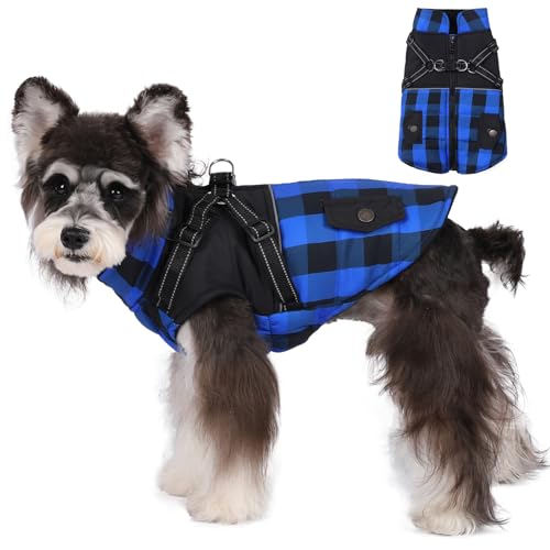 Norbi Hund Wintermantel mit Geschirr, Warmer Hundemantel Reflektierend Verstellbare Träger Hundemantel Wasserdicht, Britischer Stil Plaid Hundejacke Weste für kleine mittelgroße Hunde (Groß, Blau) von Norbi