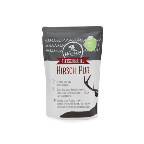 Nordheld Fleischbeutel Hirsch Pur | Hypoallergenes Hundefutter mit Hirsch als einziger tierischer Eiweißquelle | Super Premium Nassfutter für ausgewachsene von Nordheld