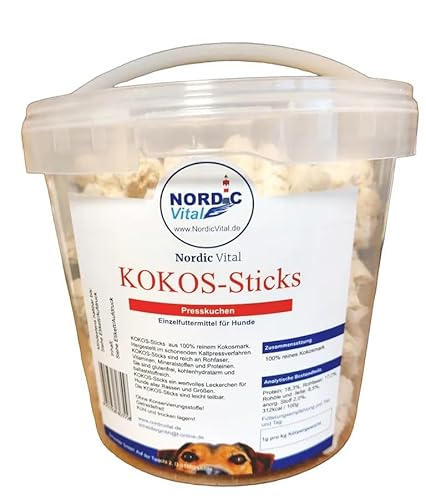 NordicVital KOKOS-Sticks, Leckerlies, Presskuchen, Snacks, Zahnpflege für Hunde aus 100% Kokosmark ohne Zusätze, 1000g Eimer von NordicVital