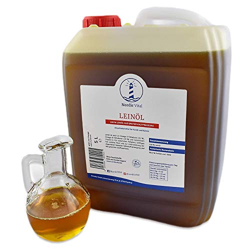 NordicVital Leinöl 5 Liter für Pferde, Hunde, Katzen, 100% ohne Zusätze, Premiumqualität - Leinsamenöl direkt aus erster Kaltgepressung perfekt zum Barfen von NordicVital