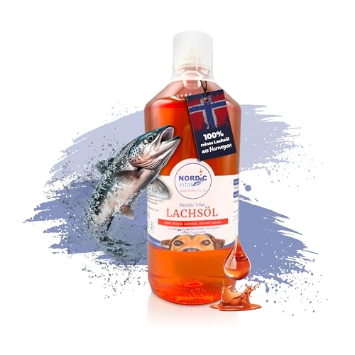 NordicVital Premium Lachsöl Hunde & Katzen 1000ml – 100% Natürliches Fischöl/Fish Oil aus Norwegen Lachs – Reich an Omega 3 & 6 Fettsäuren hochdosiert – Barf Öl abgefüllt in Deutschland von NordicVital