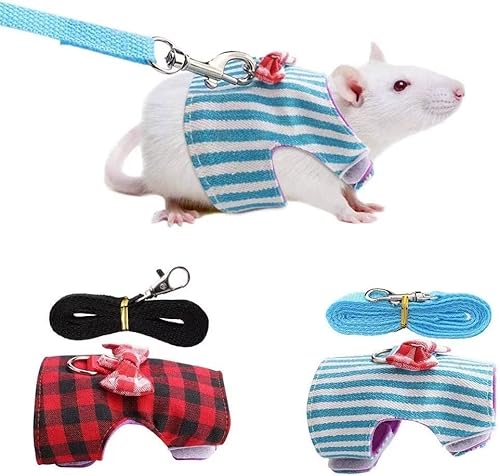 Norhogo 2 Stück Hamstergeschirr und Zugseil, Zugseil Brustgurt für Kaninchen Eichhörnchen Bunny Ferret Meerschweinchen Rot Gitter + Blau Stripes（XS） von Norhogo