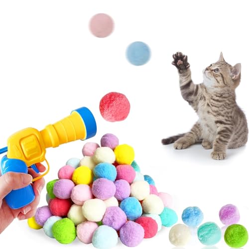 Norhogo 50 Stück katzenspielzeug bälle mit Katzenspielzeug-Werfer, Interaktives filzbälle Lustige filzbälle Katzen für Katzen und Kätzchen, Spielzeug für Indoor Haustier Katzen Hunde, Zufällige Farbe von Norhogo