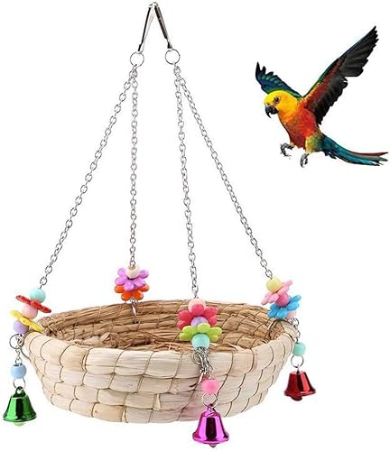 Norhogo Papageienvogelnest, Natürliche Handgewebte Strohnestbettschaukel mit 4 Metallglocken, Durable Vogel Lovebird Biss Spielzeug Korb Bett hängen Birdcage für Vögel, kleine Sittiche, Papagei thront von Norhogo