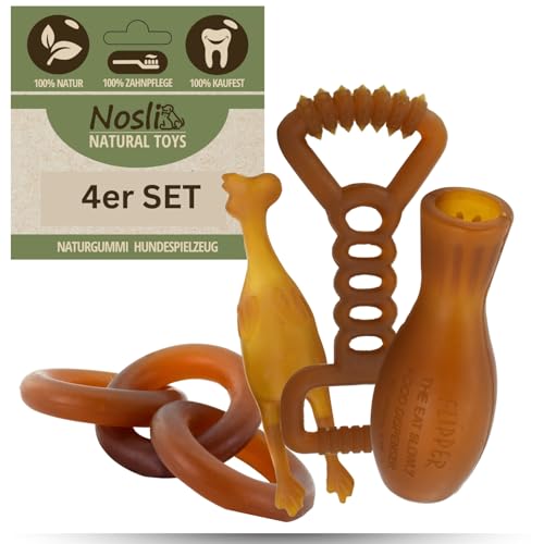 Nosli Natural Toys Hundespielzeug Set • 100% Naturkautschuk • Zahnpflege & Kauspielzeug • Robuste Wurf- & Zerrspielzeuge für kleine & große Hunde • Intelligenz- & Fitnessspielzeug – 4 Stück von Nosli