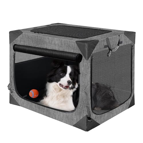 Nottia Hundekäfig, 91,4 cm, faltbar, weich, für große Hunde, kaufestes Netzfenster, 3-Türen-Design, für drinnen und draußen, tragbare Reise-Hundebox (dunkelgrau) von Nottia