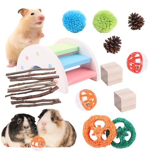 Hamster Kauspielzeuge,Gerbilkauen Spielzeug | Mundpflege Gesunde Beißring | Kegel-Holzwürfel Plüschbälle Leiter, 21pcs Tierzubehör für Chinchilla Meerschweinchen Degus Igel Novent von Novent