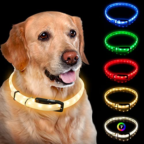 NOVKIN Beleuchtetes Hundehalsband, wiederaufladbar, 7 Farben, wechselnde Leuchte, wasserdichtes LED-Hundehalsband, leuchtet im Dunkeln, macht das Haustier sichtbar, warmweiß, L/XL von Novkin