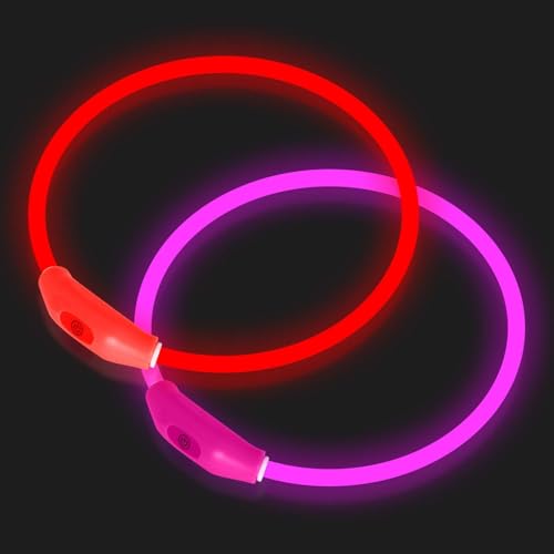 Novkin 2-Pack LED-Hundehalsbänder, leuchtende Hundehalsbänder, wiederaufladbare Hundelichter, Wiederverwendbare Sicherheitshalskette für kleine, mittelgroße und große Hunde, Rot und Pink von Novkin