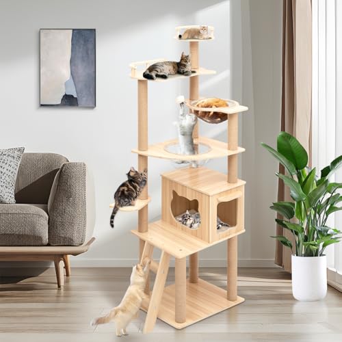 Moderner Holz-Katzenbaum für große Katzen, Holz-Katzenturm, strapazierfähig, mit Kratzbaum für große Katzen im Innenbereich, 170,2 cm, extra hoch, stabiles Frisco-Schloss mit transparenter Schale, von Ntutrxk