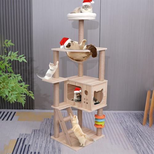 Moderner Kratzbaum für große Katzen, aus Holz, robust, mit Kratzbaum für große Katzen, 119,4 cm, extra hoch, stabiles Frisco-Schloss mit transparenter Schale, Hängematte für Kätzchen (Stil N7) von Ntutrxk