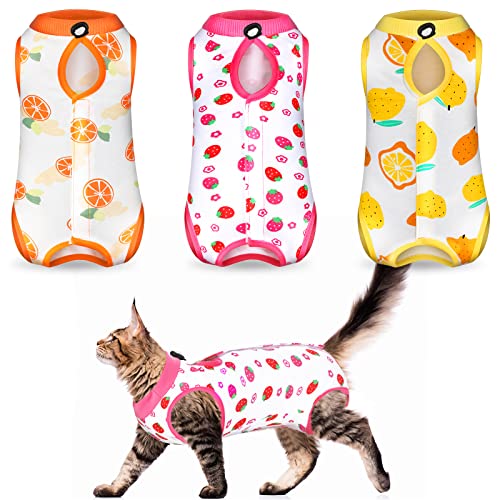 3 Stück Katzen-Genesungsanzug, Kätzchen, Genesungsanzug, E-Halsband, Alternative für Katzen und Hunde, Bauchhaut, Anti-Lecken Pyjamaanzug (Obstmuster, Large) von Nuanchu