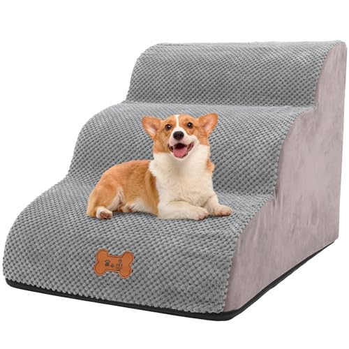 Hundetreppe für Kleine Hunde, 3 Stufen Haustiertreppe für Bett und Sofa aus Hochdichtem Schwamm, Katzentreppe Hunderampe mit Abnehmbarem, Waschbarem Bezug und Rutschfestem Boden, 40 cm Hoch von Nukdey