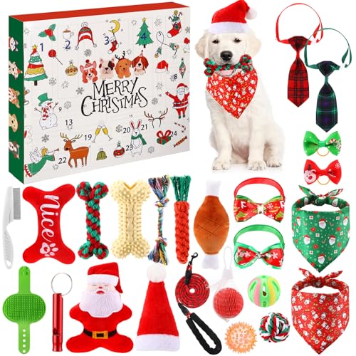 Nuogo 24 Stück Hund Adventskalender 2024 Weihnachten Hundespielzeug Adventskalender Hundespielzeug mit Kauseil Quietschbälle Beißspielzeug Hund Krawatte Halsbänder Weihnachten Countdown Kalender von Nuogo