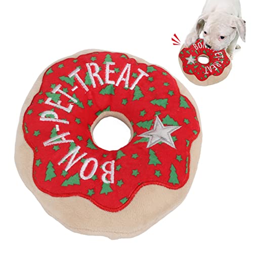 Nurnesy Interaktives Hundespielzeug, Donut-Haustierspielzeug, Plüsch, Interaktives Quietschen, Welpen-Kauspielzeug mit Weihnachtsmuster für Kleine und Mittelgroße Hunde, Reich Besticktes von Nurnesy