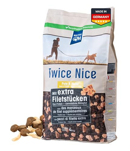 NutriQM Twice Nice Adult Pute & Huhn – Getreidefreies Trockenfutter für ausgewachsene Hunde – Mit Filetstücken & Kolostrum – Duo-Protein, leicht verdaulich – Made in Germany – 4 kg von NutriQM