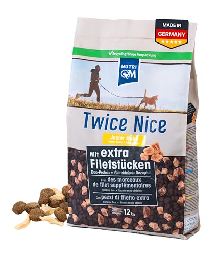 NutriQM Twice Nice Junior Huhn – Getreidefreies Trockenfutter für Welpen bis 12 Monate – Mit Filetstücken & Kolostrum – Duo-Protein, leicht verdaulich – Made in Germany – 12 kg von NutriQM