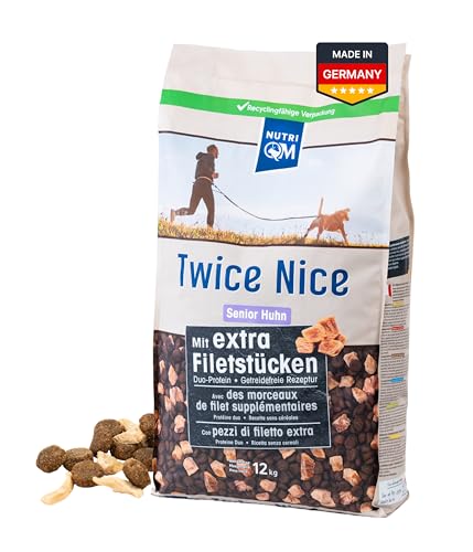 NutriQM Twice Nice Senior Huhn – Getreidefreies Trockenfutter für Hunde ab 7 Jahren – Mit Filetstücken & Kolostrum – Duo-Protein, leicht verdaulich – Made in Germany – 12 kg von NutriQM