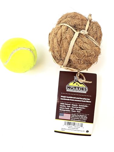 Nutties Kokosnussschalen-Faserball Spielzeug und magische Zahnbürste für Hunde, 2 Größen (groß) von Nutties coconut husk ball toy for dogs and cats