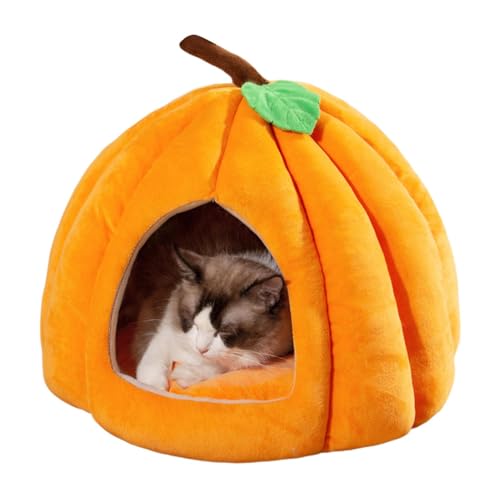 Nuyhgtr Halloween-Katzenbett, -Haustierhöhle, Kätzchen-Höhle, Haustier-Halloween-Bett, bequemes Haustierbett, Halloween-Haustierbedarf, gemütliches Katzenbett, Kürbisförmiges Katzenbett von Nuyhgtr