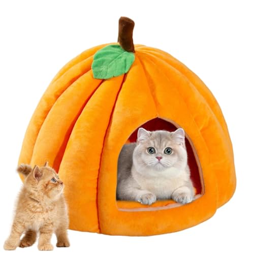 Nuyhgtr Halloween-Katzenbett, Haustierhöhle, Kätzchenhöhlenhaus, Haustier-Halloween-Bett, Bequemes Haustierbett, Halloween-Haustierbedarf, Gemütliches Katzenbett, Kürbisförmiges Katzenbett von Nuyhgtr