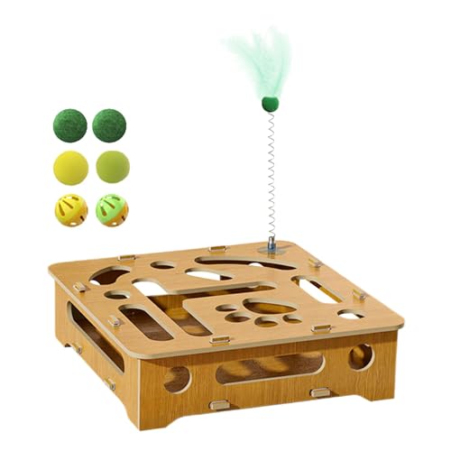 Spring Cat Teaser, Wood Box Cat Toy, Indoor Cat Toys, Puzzle Toy for Cats, Feather Cat Toy, Cat Toys with Balls, 28x28x8.5 cm, Wooden Box with Feather and Balls, Interactive Spring Teaser for Cats von Nuyhgtr