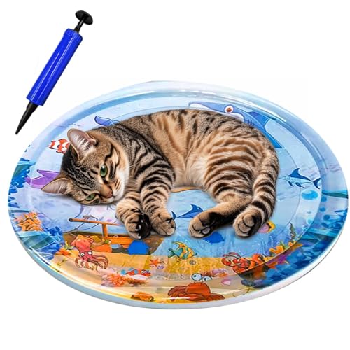 Nuytghr Sensory Water Play Mat for Cats, Round Inflatable Activity Pad, Quality Thickened PVC Pet Bed, 11.81x11.81x0.79inch Interactive Enrichment Toy, Cooling Entertainment for von Nuytghr