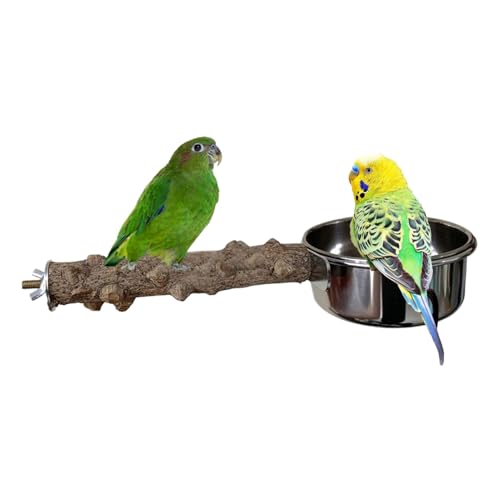 Wood Perch Bird Cage, Bird Stand Food Bowl, Natural Wood Design, 26x10x5cm, Pet Supplies with Stainless Steel Cup, Ideal for Medium Parrots, Cockatiels, Budgies, and Parakeets von Nuytghr