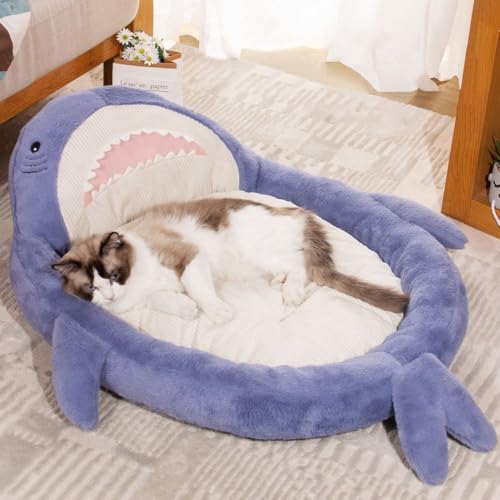 Nyescasa Haie Hundebett Kissen Katzenbett Katzenschlafplatz Plüsch Hundesofa Katzensofa Hundecouch Hundematte mit Kapuze Flauschiges Waschbar Runde für Mittelgroße Grosse Katzen Hunde Blau 80 * 60cm von Nyescasa