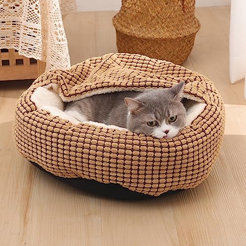 Nyescasa Hundebett Katzenbett mit Kapuze Hundematte Katzenschlafplatz Hundesofa Katzensofa Hundekörbchen Katzenkissen Hundekissen Runde Waschbar Rutschfest für Kleine Hunde Katzen Braun 50*50*22cm von Nyescasa