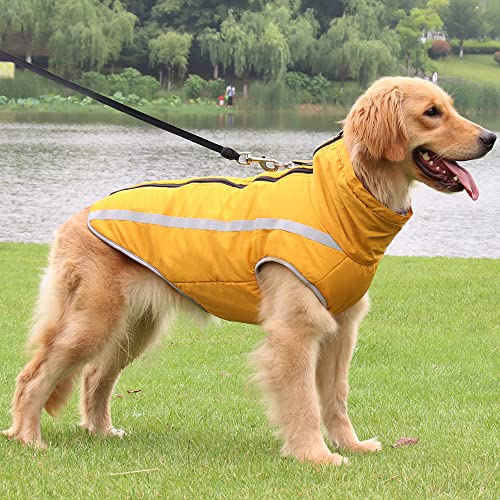 Nyescasa Hundemantel Winter Hundebekleidung Wasserdicht Einfarbig Hundejacke, Reflektierend Gelb Jacke,Verdicken Hunde Winterjacke 4XL für mittelgroße,große Hunde,Outdoor-Sport Winddichte Hundeweste von Nyescasa