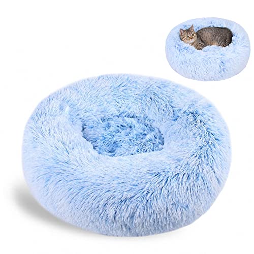 Nyescasa Katzenbett Rund Donut Hundebett Kissen Fluffy Plüsch Haustier Bett Weich Warm wasserdicht rutschfest waschbar Cuddler Nest für Kleine, Mittelgroße und Große Hunde, Katzen(M 50cm Ø, Blau) von Nyescasa