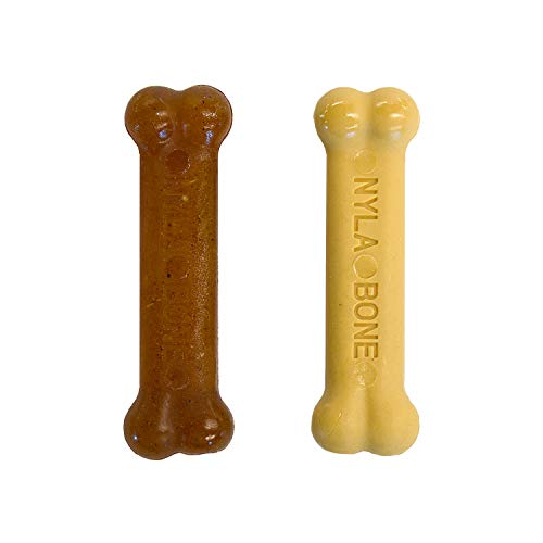 Nylabone, Kauknochen für Welpen und Zahnpflege-Spielzeug für zahnende Welpen, Wohltuender Kauknochen, für kleine Welpen bis 11kg, für sanft kauende/zahnende Hunde, Hühnchen und Erdnussbutter, 2er-Pack, Extra Kleine von Nylabone