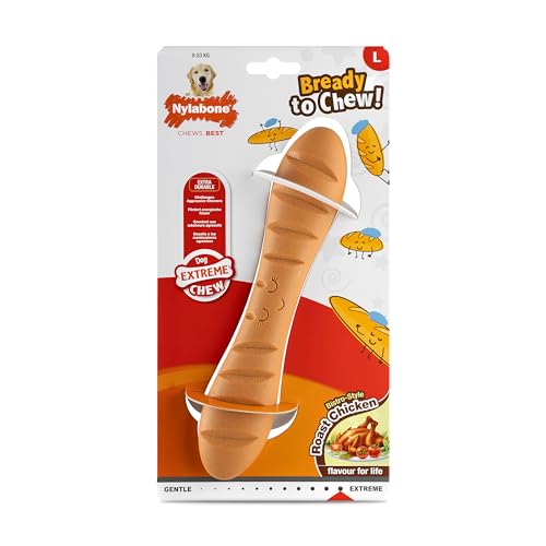 Nylabone, Extrem starker Kaueffekt, Neuartiges Baguette-Kauspielzeug, Langlebig, Kauspielzeug für die Zähne, Geschmack: Brathähnchen, Groß, Für Hunde bis 23 kg von Nylabone