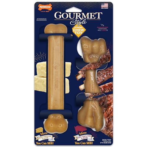 Nylabone Gourmet Style Starkes Kauspielzeug für Hunde, 2 Stück, langlebiges Hundeknochenspielzeug, gealterter Cheddar- und Baby-Rückenrippen-Geschmack, groß/riesig (2 Stück) von Nylabone